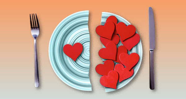 An image of a plate with a fork and knife on either side. The plate is cut in half, with the left half having a single heart on it, while the right side is piled high with hearts.