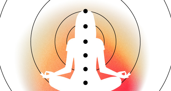 A white silhouette of a person who is meditating. Their chakras are marked with black dots, and an orange-red aura radiates out from behind them.