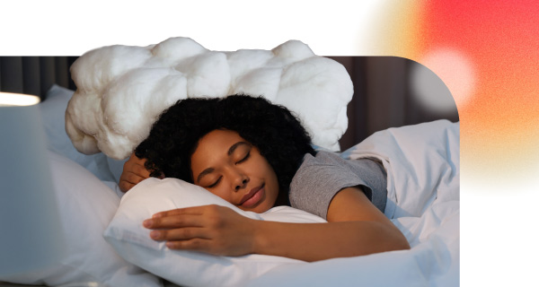 A woman sleeping comfortably, with a big cloud behind her head.