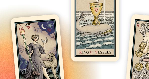 Three cards, though the first and third cards have their names cut off. The center card is the King of Vessels.