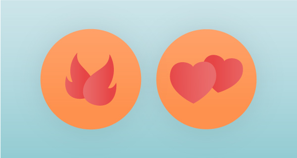 An orange circle that contains two fire symbols next to an orange circle that contains two heart symbols.